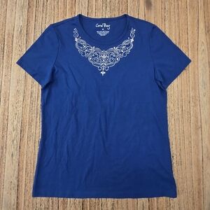 Coral Bay Medium Womens Blue Shortsleeve Shirt With White‎ Design Around Neck